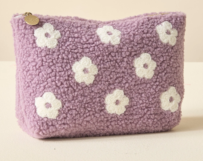 Sherpa Zippered Teddy Pouch-Purple Flower