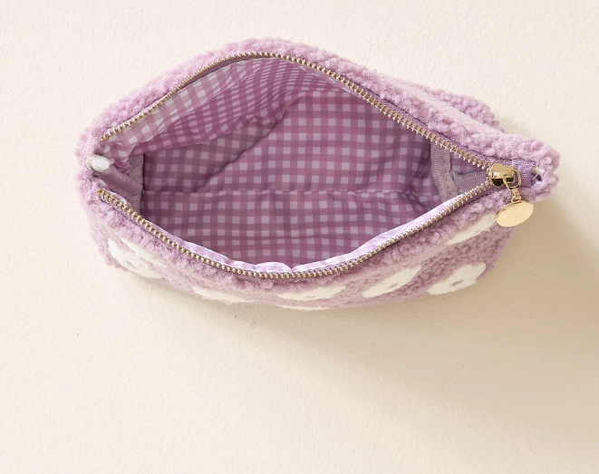 Sherpa Zippered Teddy Pouch-Purple Flower