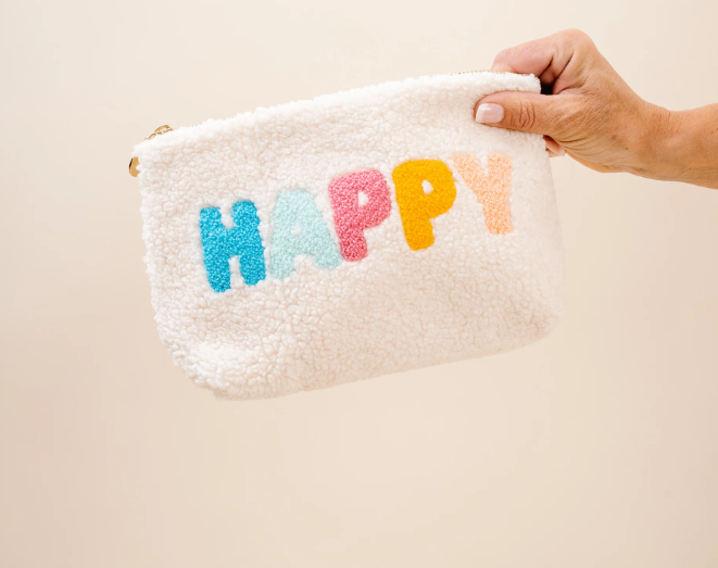 Sherpa Zippered Teddy Pouch - Happy