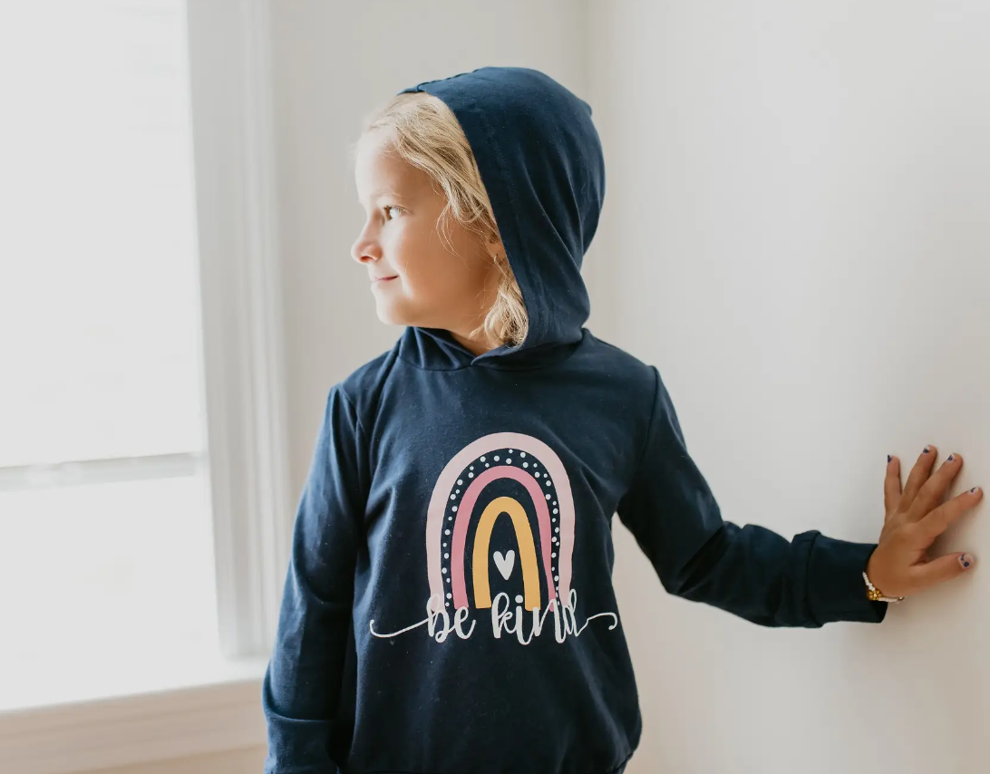 Girls Navy Rainbow Be Kind Fall Winter Hoodie Shirt