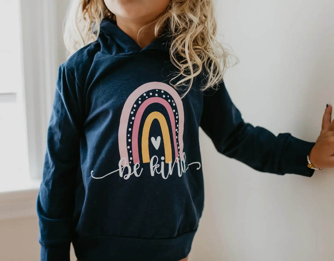 Girls Navy Rainbow Be Kind Fall Winter Hoodie Shirt